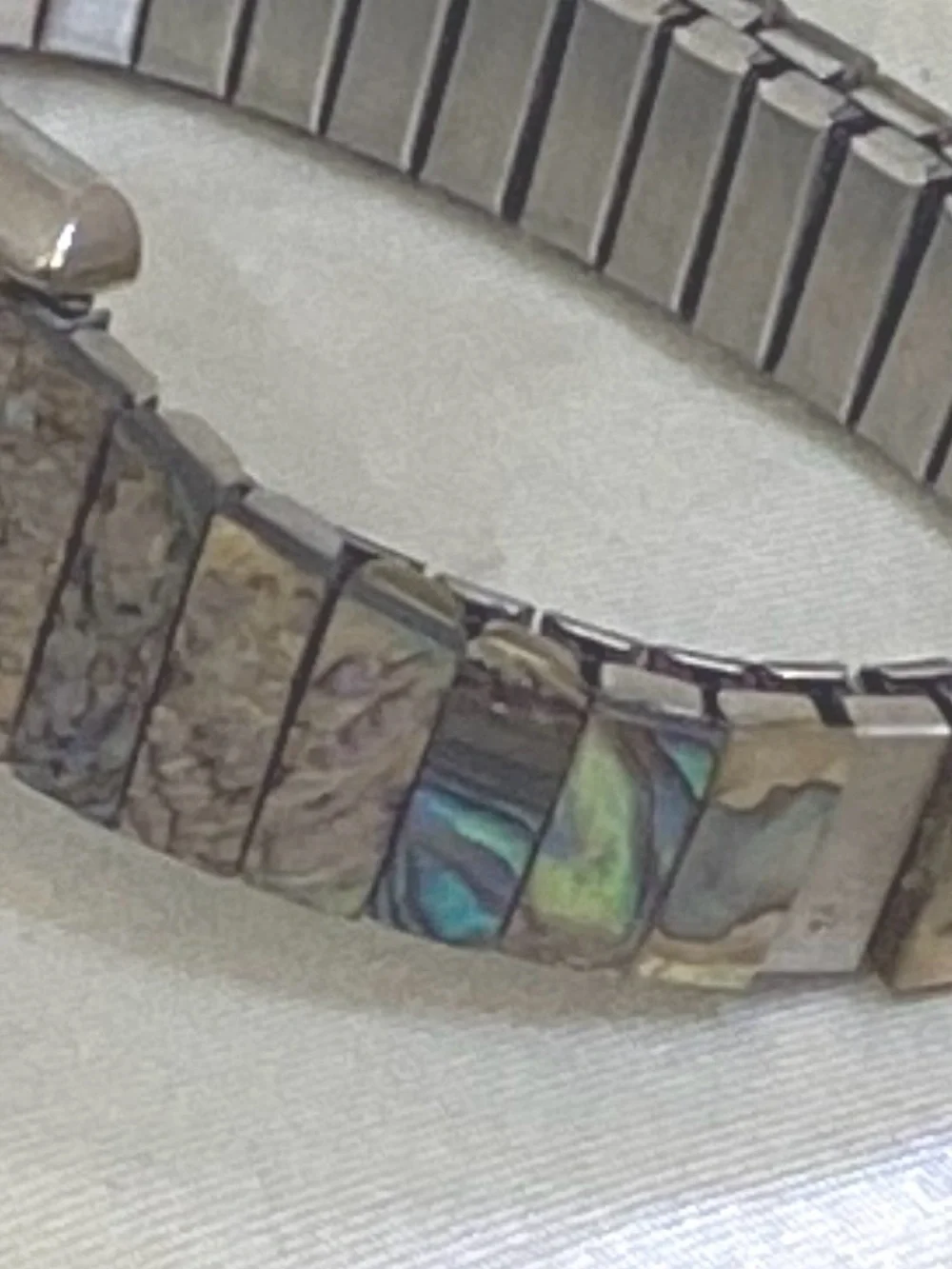 Vintage 80s Ling Genuine Abalone Shell Bracelet Watch Hong Kong Stretch Band
